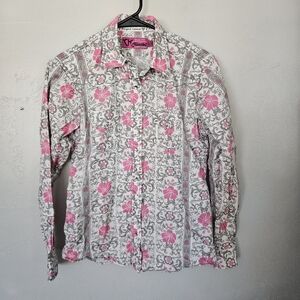 Cowgirl Hardware Girl XL 14/16 Grey Pink Floral Button-Up Shirt Hibiscus Western